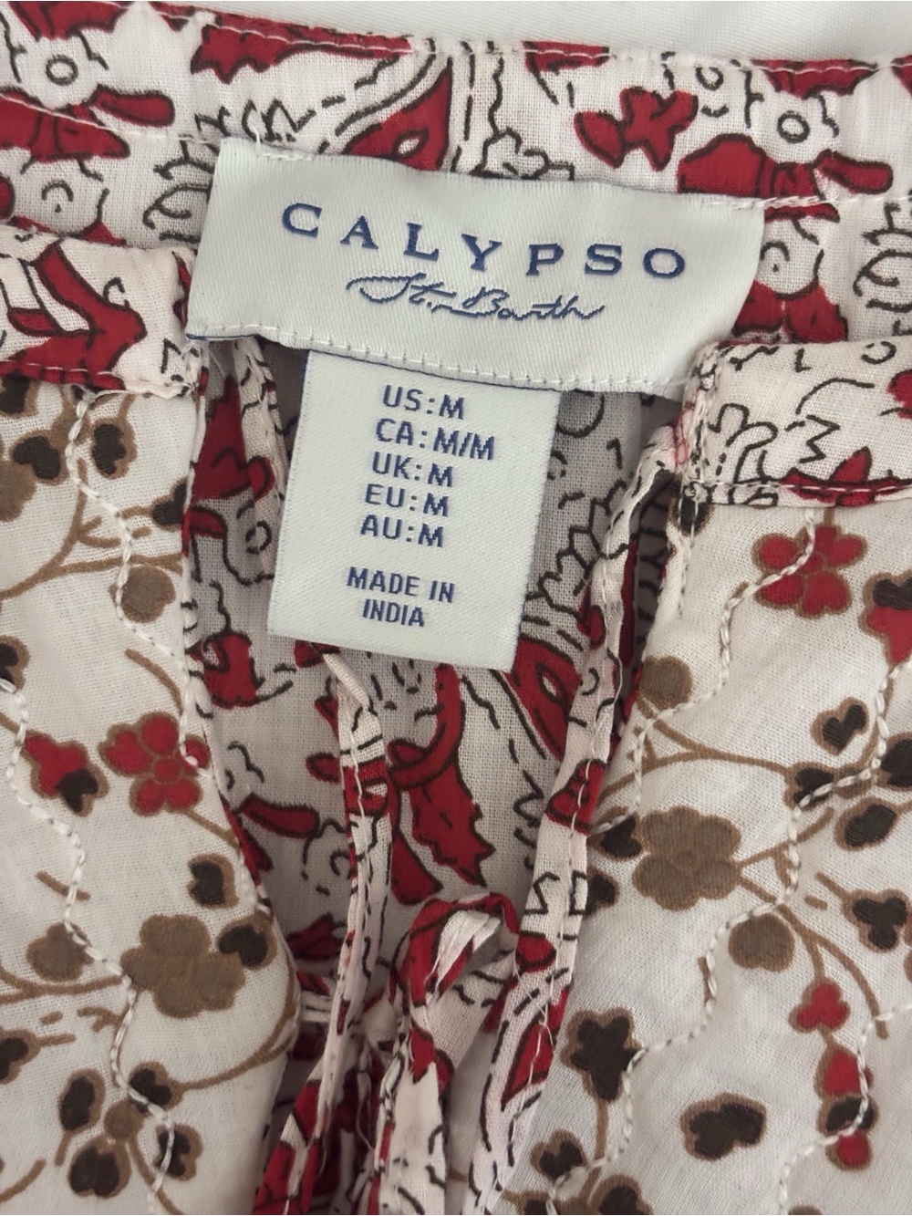Calypso St Barth Red & Brown Block Print Cotton Blouse Medium Boho Summer - Picture 6 of 8